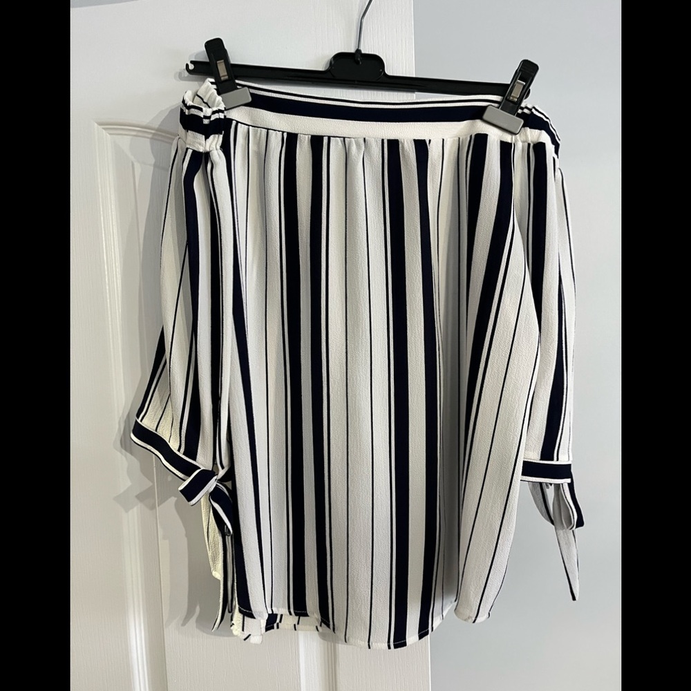 Blue and while off the shoulder 3/4 length sleeves blouse
